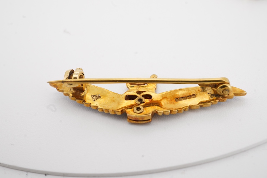 A 1960's Garrard & Co 9ct gold and two colour enamel sweethearts brooch, 36mm, with Asprey box, together with a 9ct gold and five stone simulated diamond set half hoop ring.